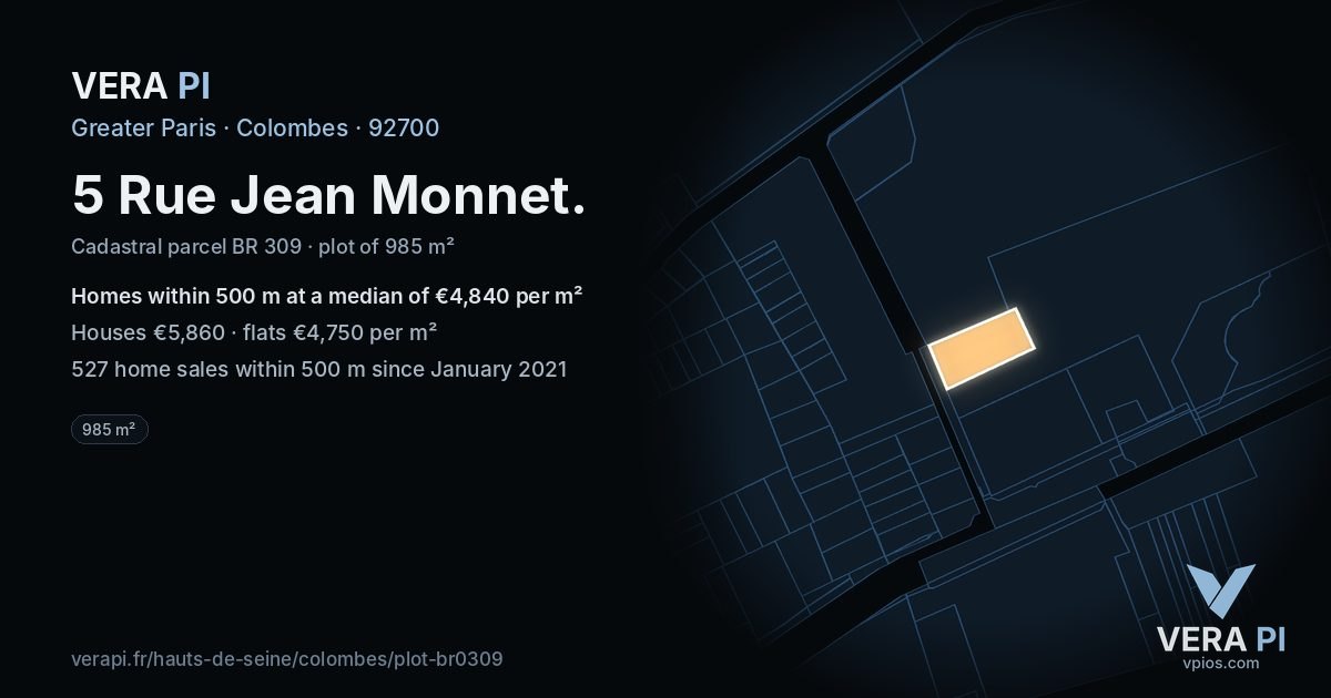 5 Rue Jean Monnet, Colombes at night – the plot lit, the parcels around coloured by the prices near them