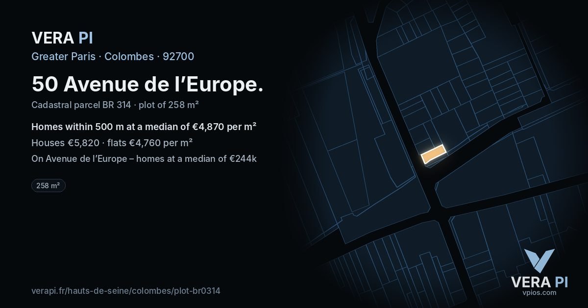 50 Avenue de l’Europe, Colombes at night – the plot lit, the parcels around coloured by the prices near them