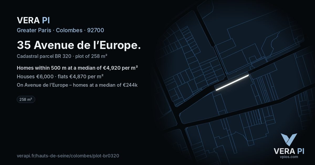 35 Avenue de l’Europe, Colombes at night – the plot lit, the parcels around coloured by the prices near them
