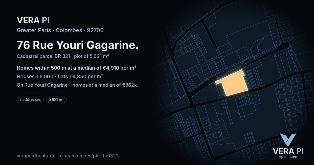 76 Rue Youri Gagarine, Colombes at night – the plot lit, the parcels around coloured by the prices near them