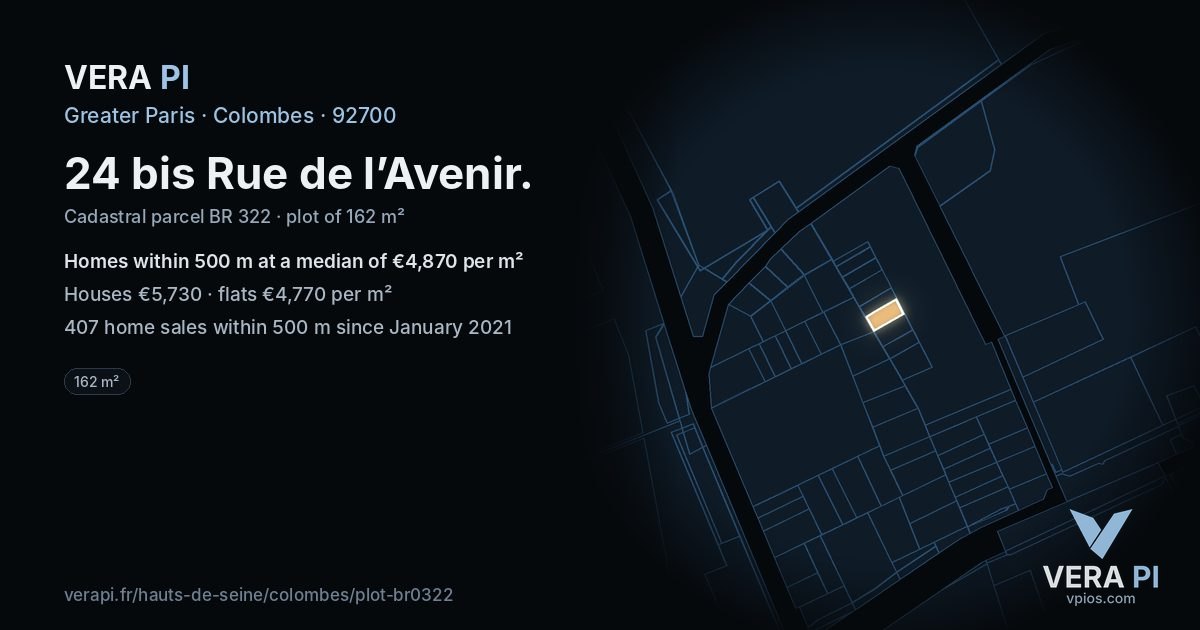 24 bis Rue de l’Avenir, Colombes at night – the plot lit, the parcels around coloured by the prices near them