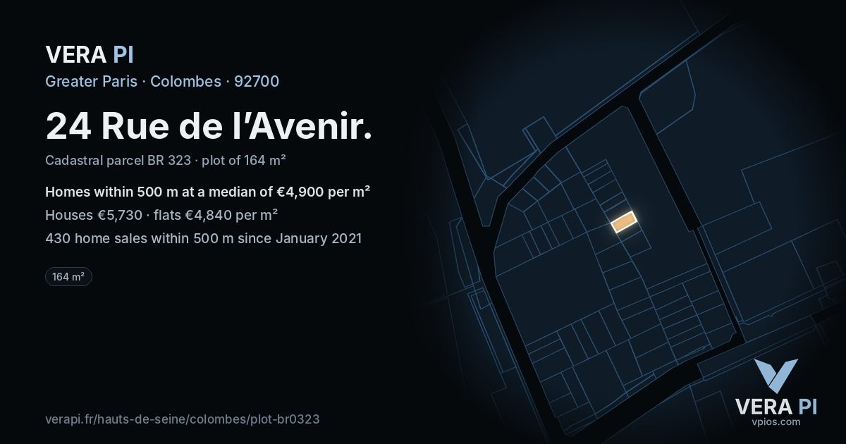 24 Rue de l’Avenir, Colombes at night – the plot lit, the parcels around coloured by the prices near them