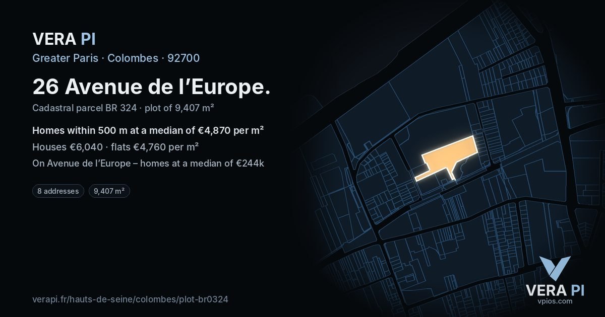 26 Avenue de l’Europe, Colombes at night – the plot lit, the parcels around coloured by the prices near them