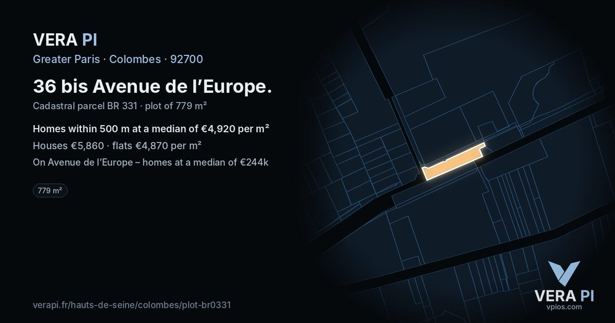 36 bis Avenue de l’Europe, Colombes at night – the plot lit, the parcels around coloured by the prices near them