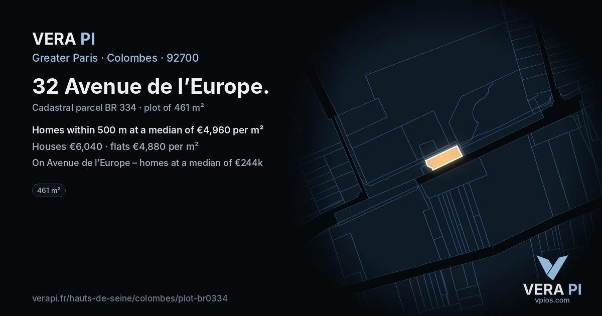 32 Avenue de l’Europe, Colombes at night – the plot lit, the parcels around coloured by the prices near them