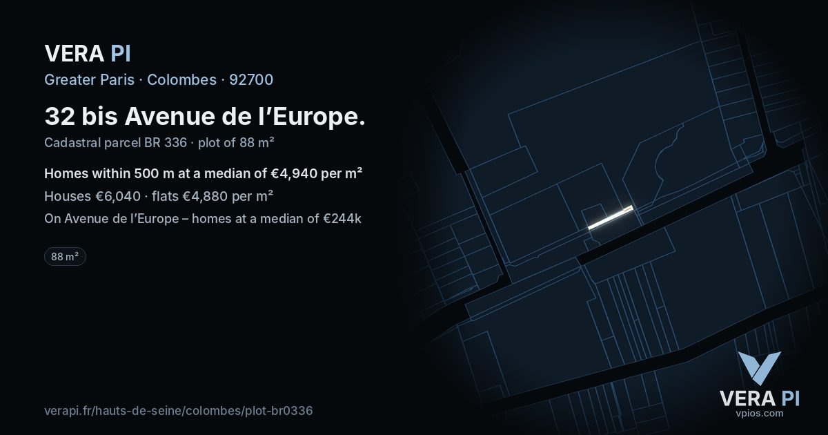 32 bis Avenue de l’Europe, Colombes at night – the plot lit, the parcels around coloured by the prices near them
