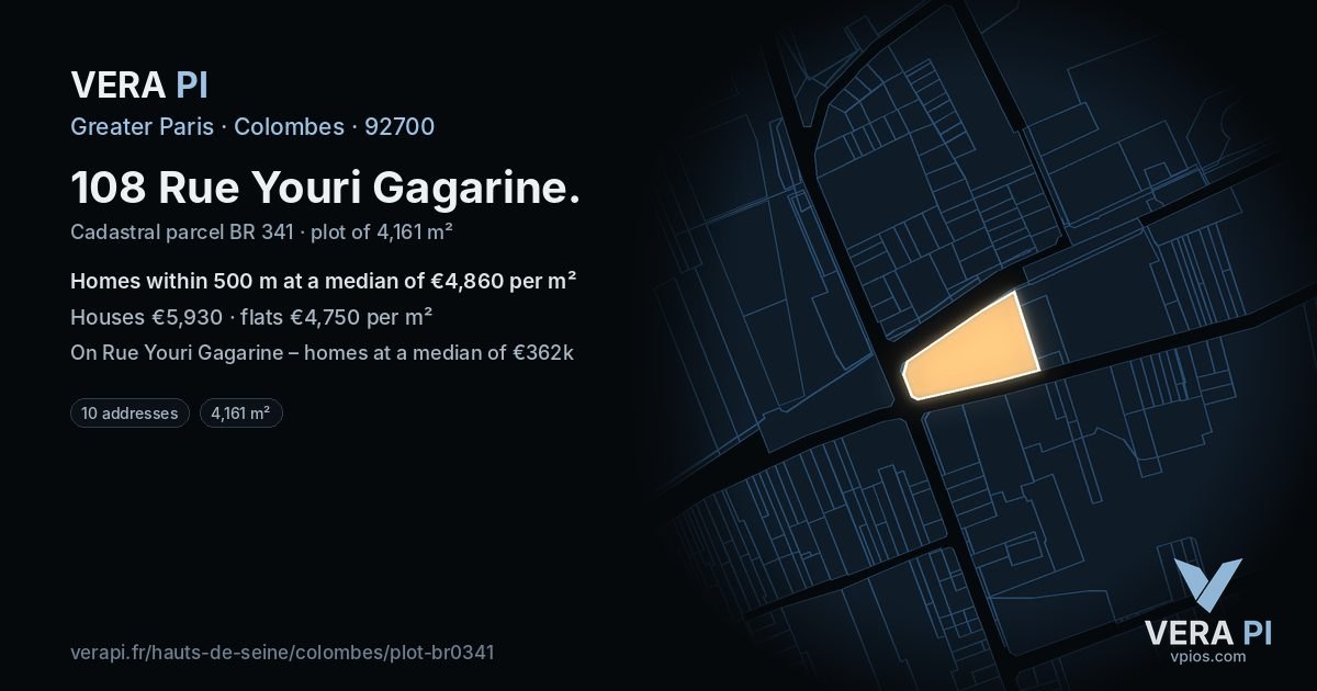 108 Rue Youri Gagarine, Colombes at night – the plot lit, the parcels around coloured by the prices near them