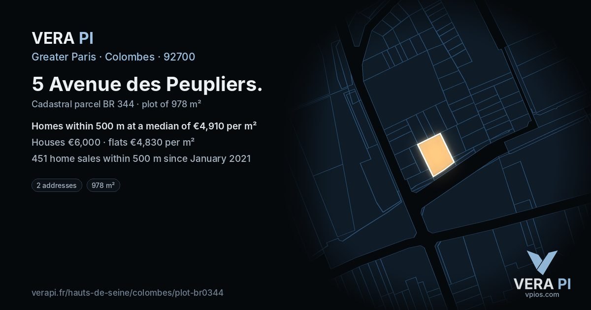 5 Avenue des Peupliers, Colombes at night – the plot lit, the parcels around coloured by the prices near them