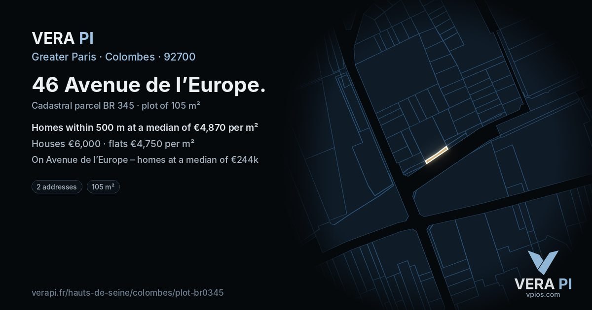 46 Avenue de l’Europe, Colombes at night – the plot lit, the parcels around coloured by the prices near them