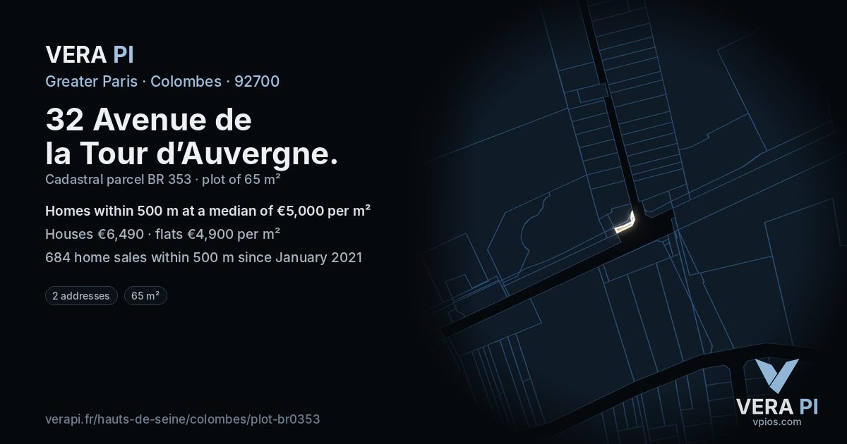 32 Avenue de la Tour d’Auvergne, Colombes at night – the plot lit, the parcels around coloured by the prices near them