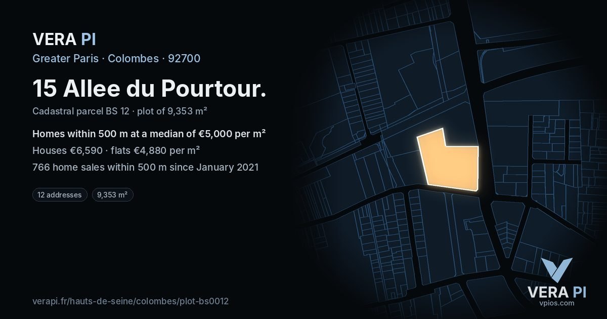 15 Allee du Pourtour, Colombes at night – the plot lit, the parcels around coloured by the prices near them