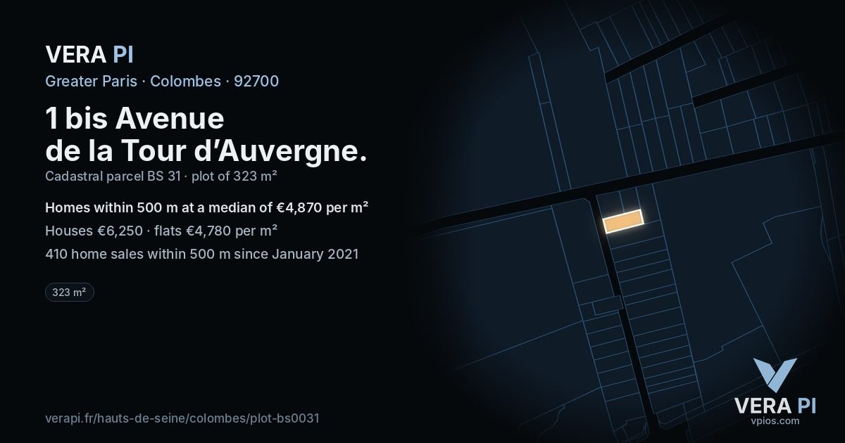 1 bis Avenue de la Tour d’Auvergne, Colombes at night – the plot lit, the parcels around coloured by the prices near them