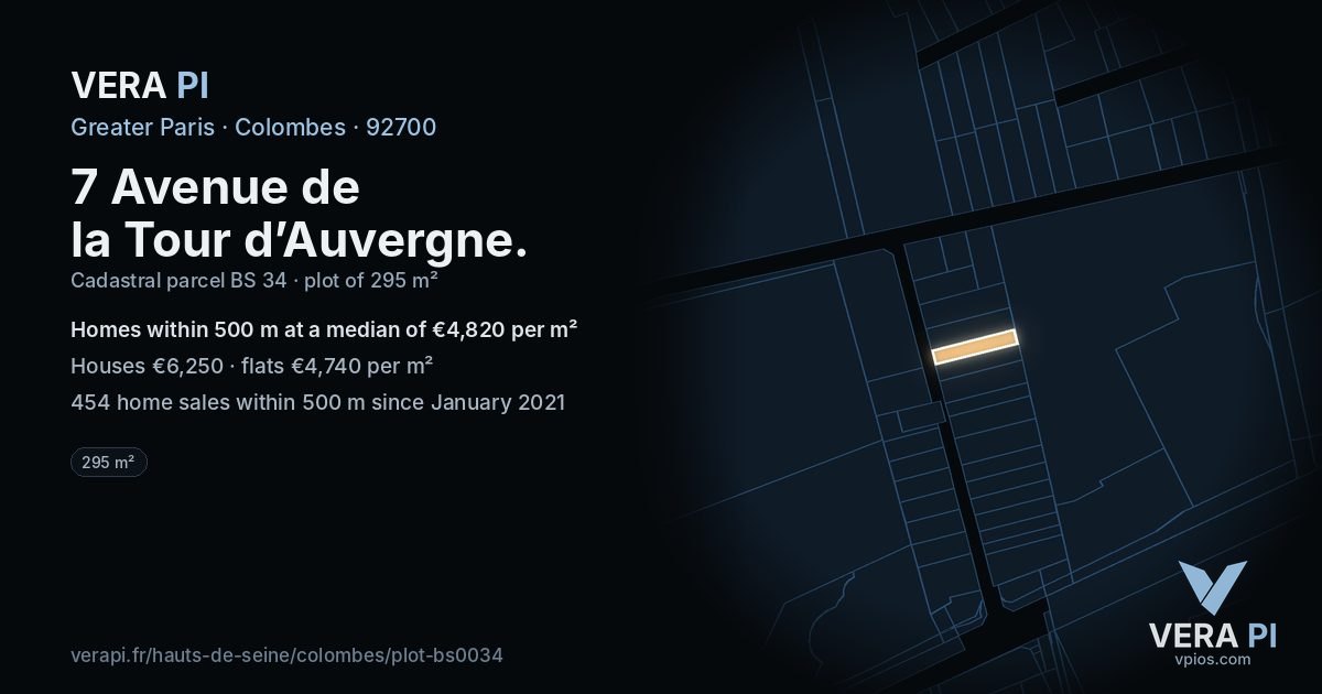 7 Avenue de la Tour d’Auvergne, Colombes at night – the plot lit, the parcels around coloured by the prices near them