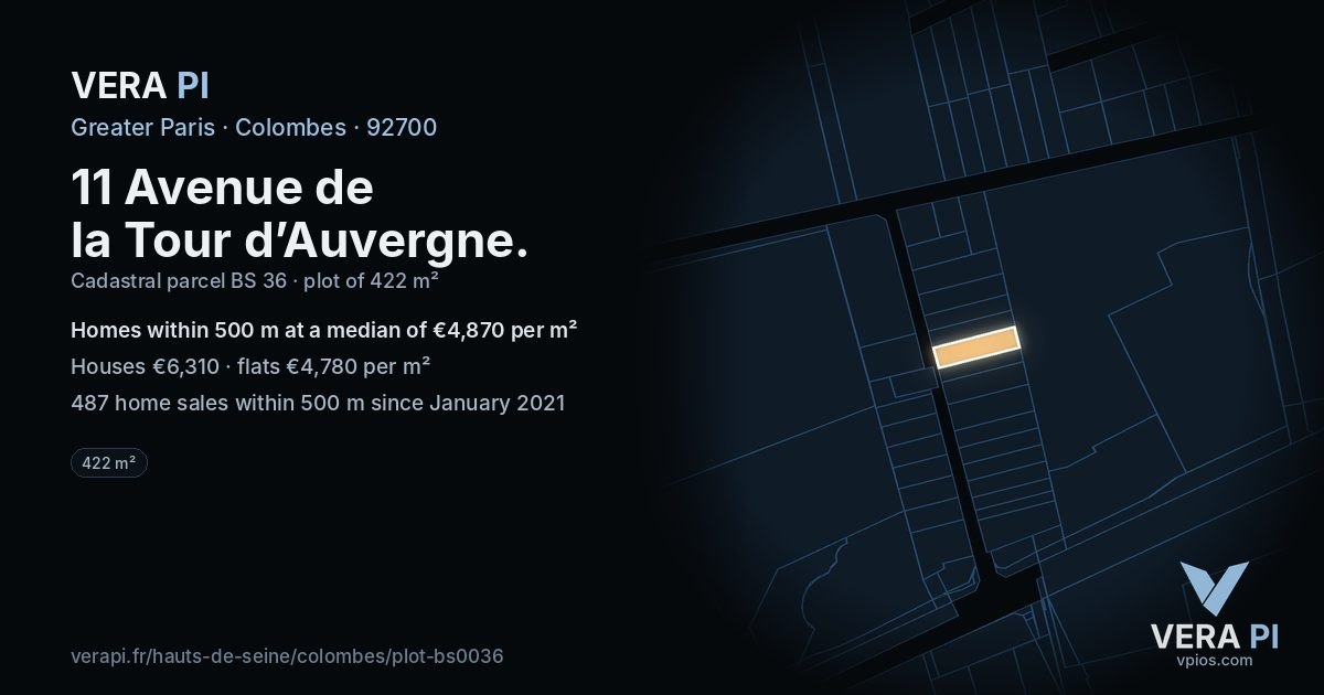 11 Avenue de la Tour d’Auvergne, Colombes at night – the plot lit, the parcels around coloured by the prices near them