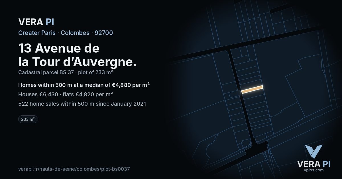 13 Avenue de la Tour d’Auvergne, Colombes at night – the plot lit, the parcels around coloured by the prices near them