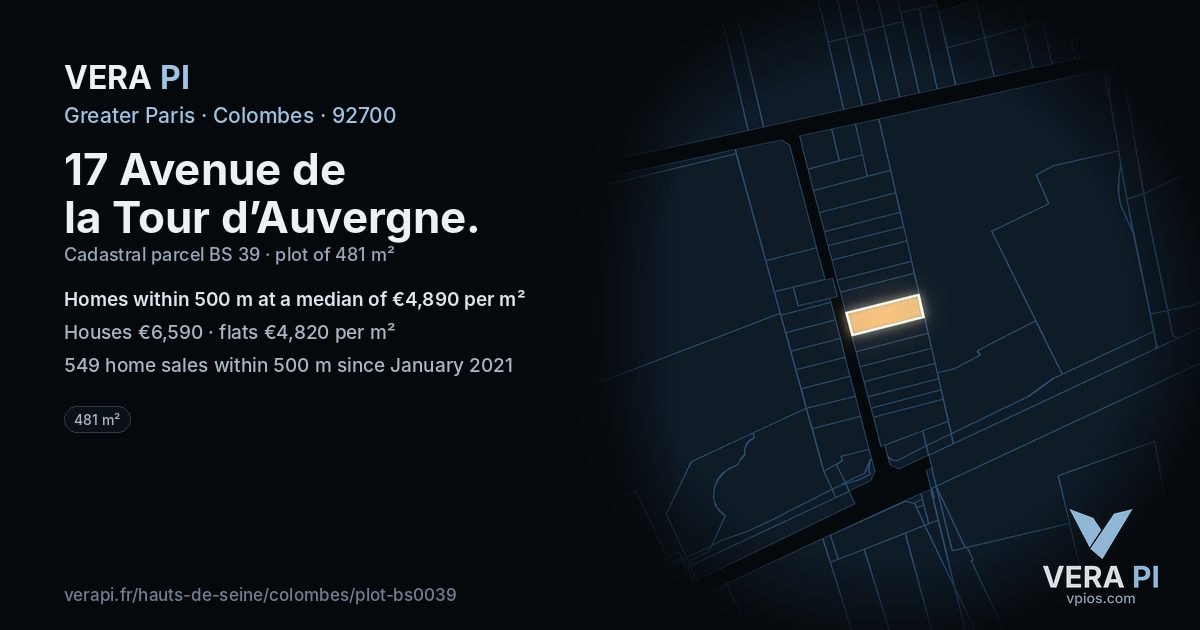 17 Avenue de la Tour d’Auvergne, Colombes at night – the plot lit, the parcels around coloured by the prices near them