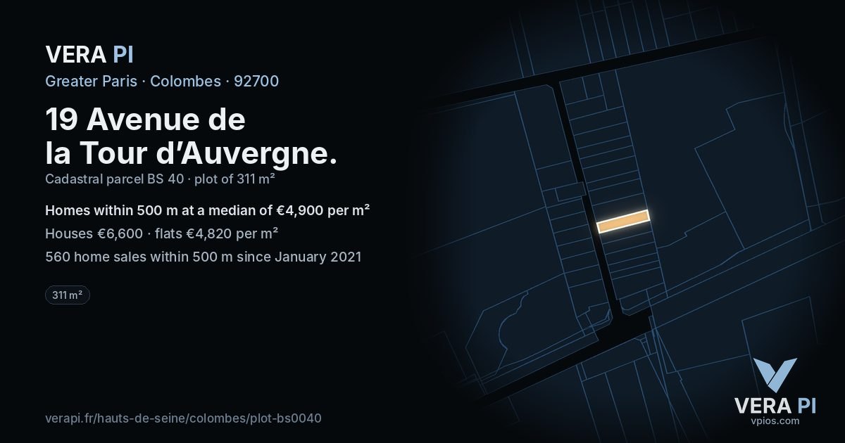 19 Avenue de la Tour d’Auvergne, Colombes at night – the plot lit, the parcels around coloured by the prices near them