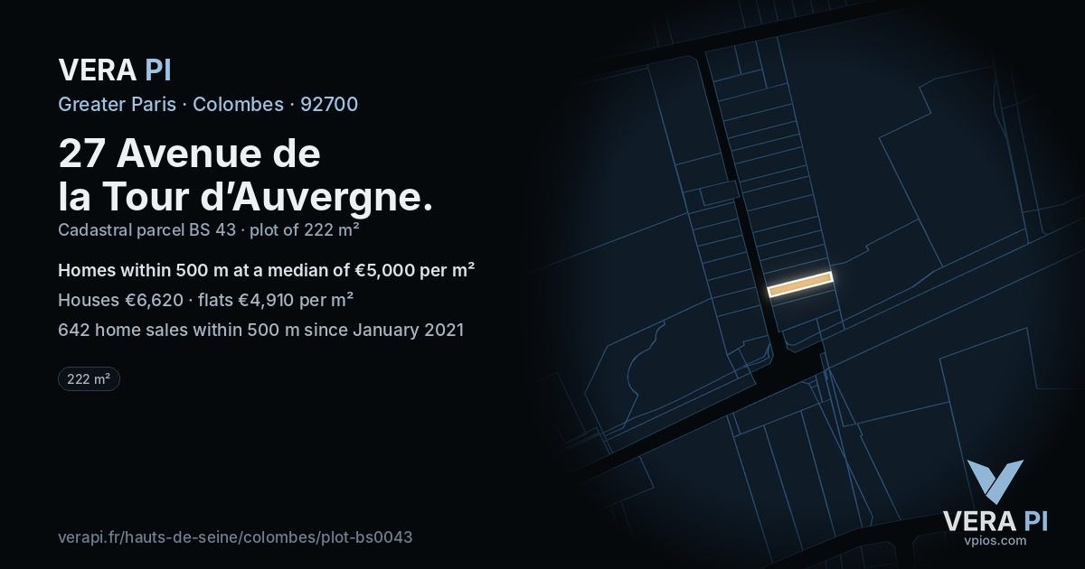 27 Avenue de la Tour d’Auvergne, Colombes at night – the plot lit, the parcels around coloured by the prices near them