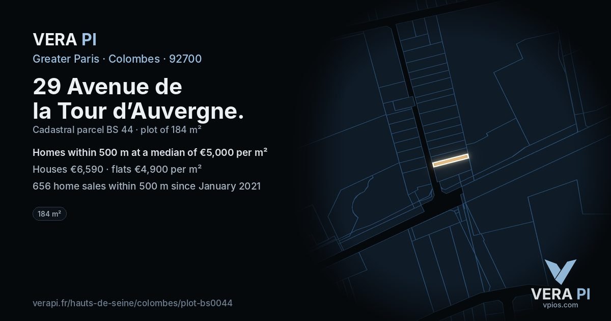 29 Avenue de la Tour d’Auvergne, Colombes at night – the plot lit, the parcels around coloured by the prices near them