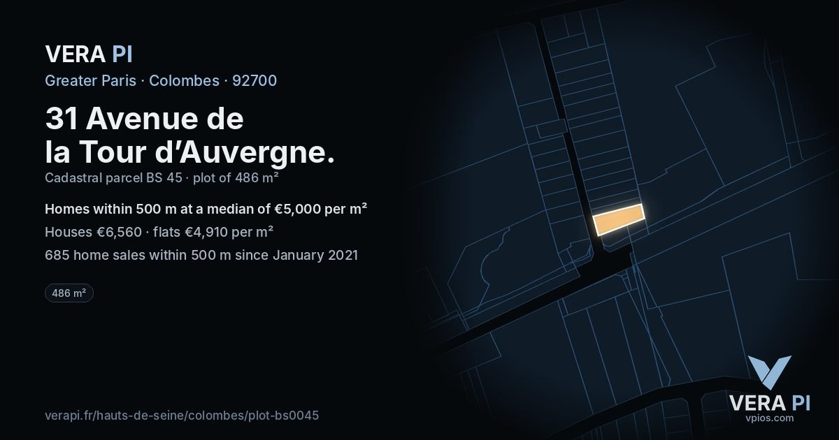 31 Avenue de la Tour d’Auvergne, Colombes at night – the plot lit, the parcels around coloured by the prices near them