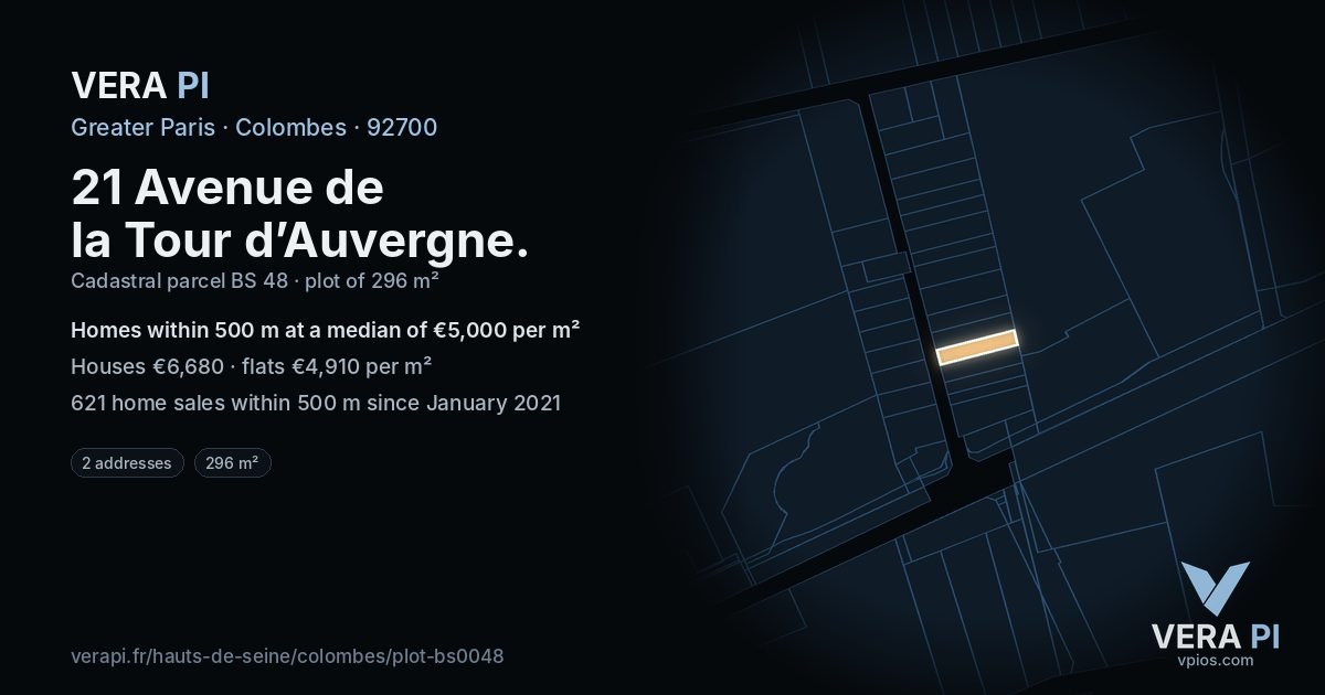 21 Avenue de la Tour d’Auvergne, Colombes at night – the plot lit, the parcels around coloured by the prices near them