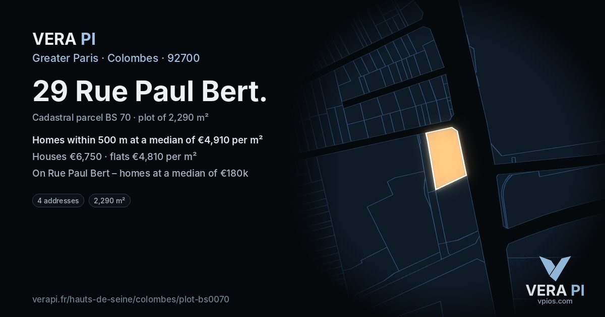 29 Rue Paul Bert, Colombes at night – the plot lit, the parcels around coloured by the prices near them