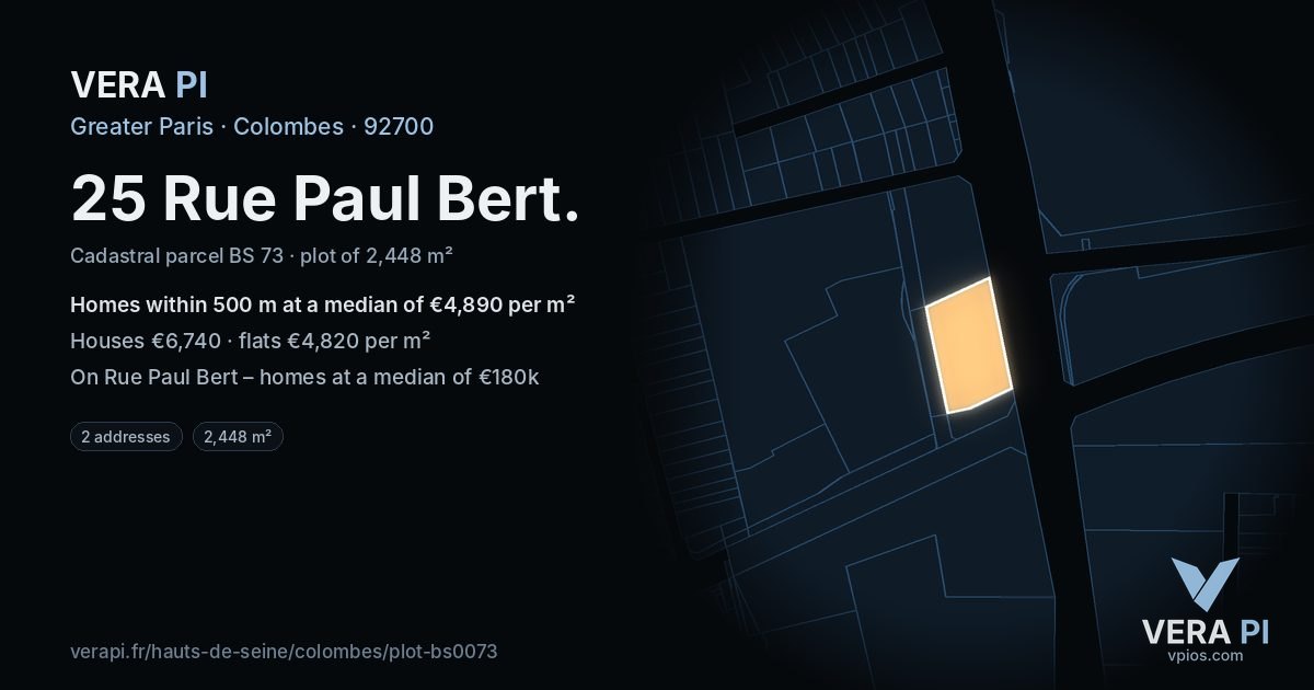 25 Rue Paul Bert, Colombes at night – the plot lit, the parcels around coloured by the prices near them