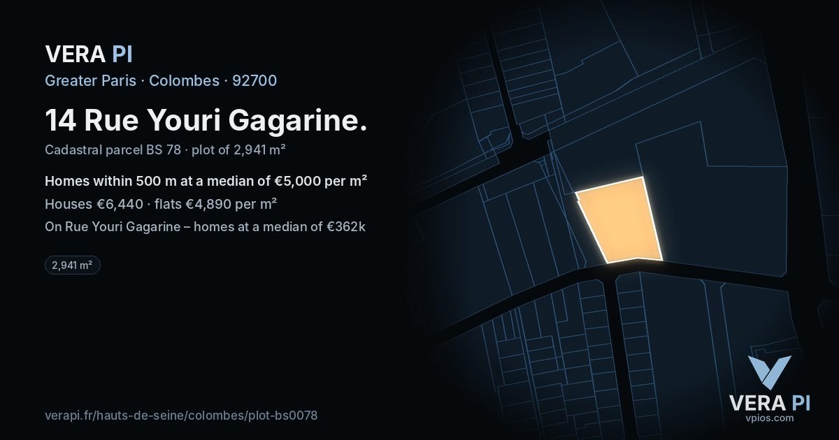 14 Rue Youri Gagarine, Colombes at night – the plot lit, the parcels around coloured by the prices near them
