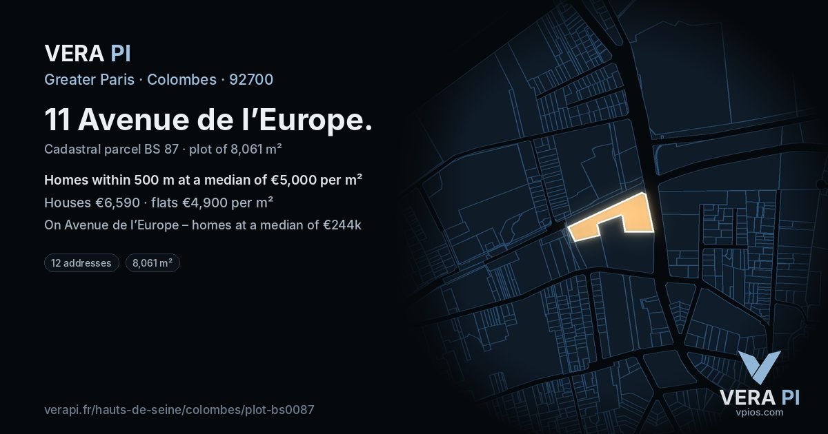 11 Avenue de l’Europe, Colombes at night – the plot lit, the parcels around coloured by the prices near them
