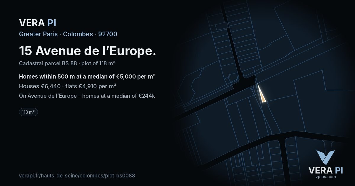 15 Avenue de l’Europe, Colombes at night – the plot lit, the parcels around coloured by the prices near them