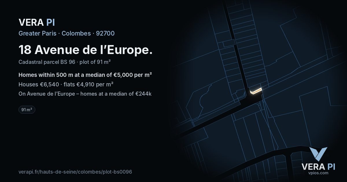 18 Avenue de l’Europe, Colombes at night – the plot lit, the parcels around coloured by the prices near them