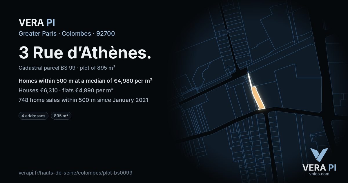 3 Rue d’Athènes, Colombes at night – the plot lit, the parcels around coloured by the prices near them