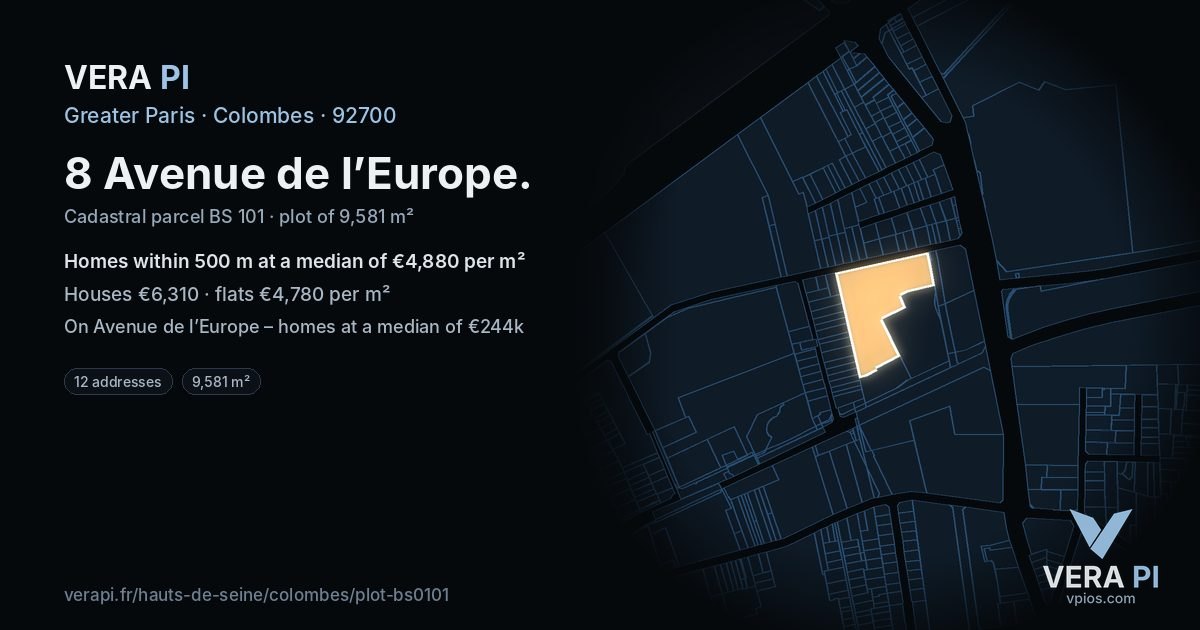 8 Avenue de l’Europe, Colombes at night – the plot lit, the parcels around coloured by the prices near them