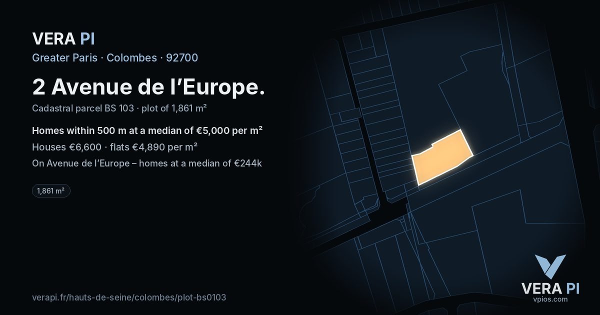 2 Avenue de l’Europe, Colombes at night – the plot lit, the parcels around coloured by the prices near them