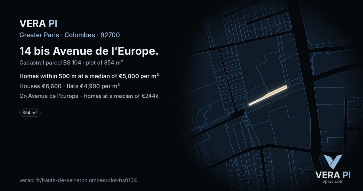 14 bis Avenue de l’Europe, Colombes at night – the plot lit, the parcels around coloured by the prices near them