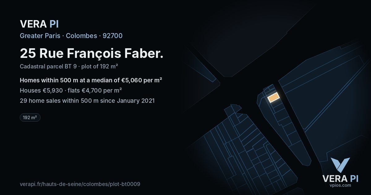 25 Rue François Faber, Colombes at night – the plot lit, the parcels around coloured by the prices near them