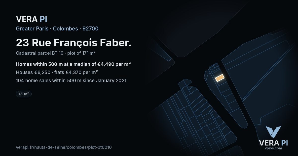 23 Rue François Faber, Colombes at night – the plot lit, the parcels around coloured by the prices near them