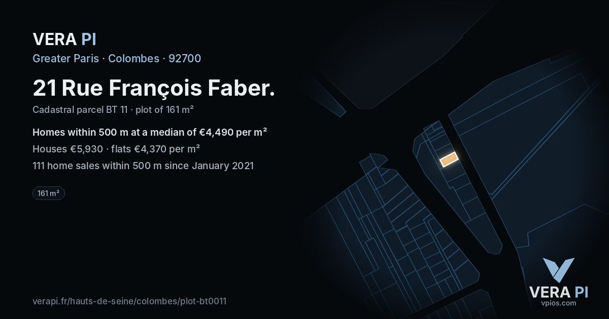 21 Rue François Faber, Colombes at night – the plot lit, the parcels around coloured by the prices near them