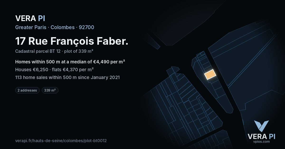 17 Rue François Faber, Colombes at night – the plot lit, the parcels around coloured by the prices near them