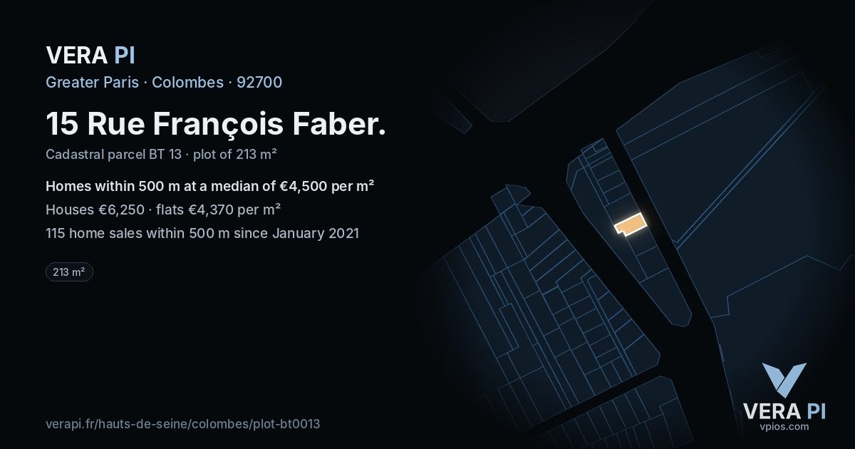 15 Rue François Faber, Colombes at night – the plot lit, the parcels around coloured by the prices near them