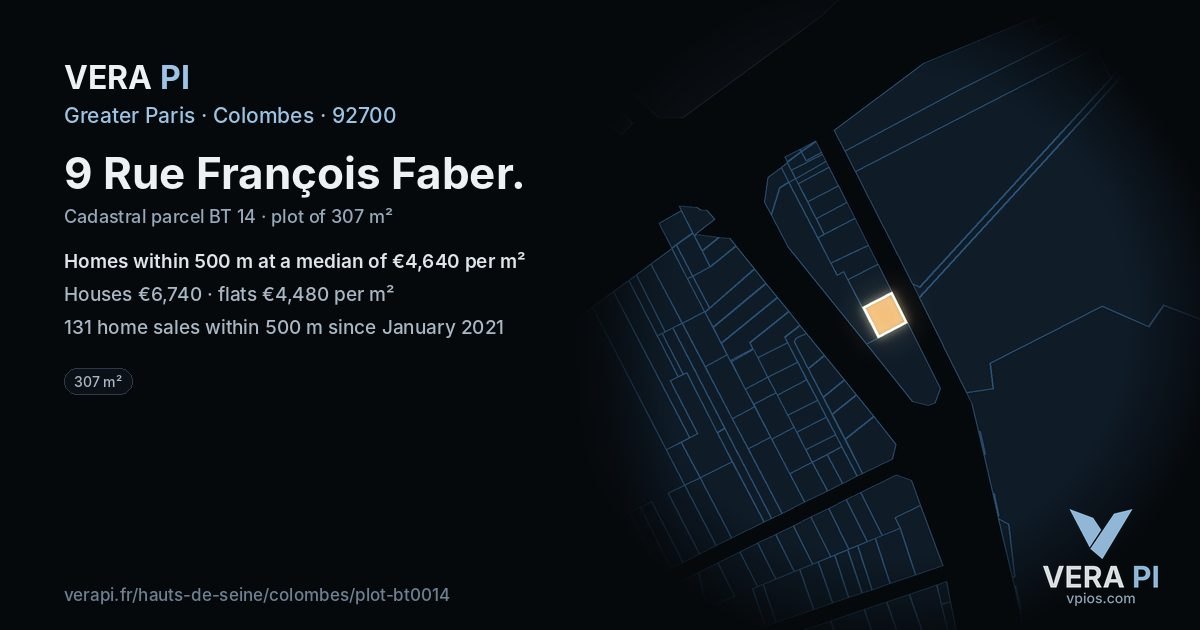 9 Rue François Faber, Colombes at night – the plot lit, the parcels around coloured by the prices near them
