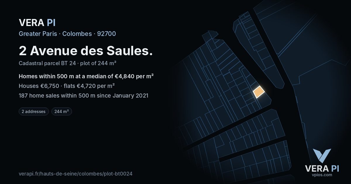 2 Avenue des Saules, Colombes at night – the plot lit, the parcels around coloured by the prices near them