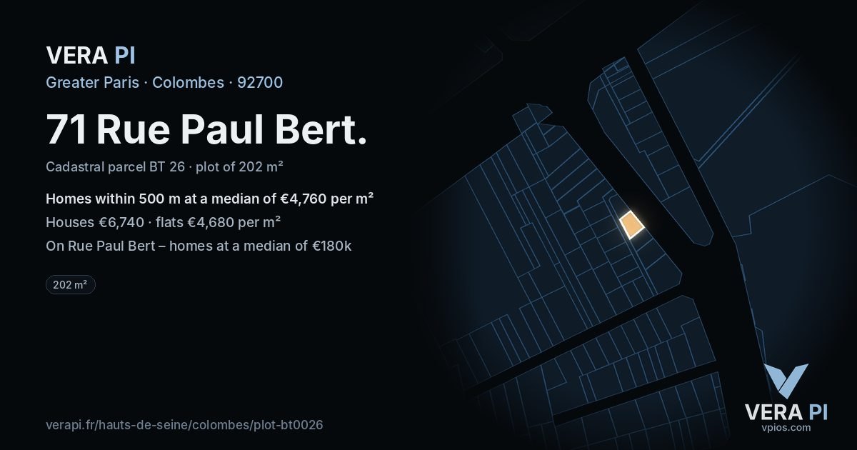 71 Rue Paul Bert, Colombes at night – the plot lit, the parcels around coloured by the prices near them