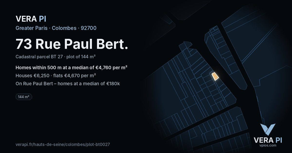 73 Rue Paul Bert, Colombes at night – the plot lit, the parcels around coloured by the prices near them