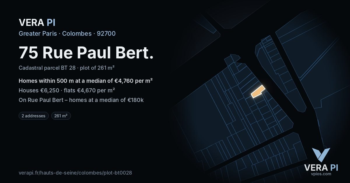 75 Rue Paul Bert, Colombes at night – the plot lit, the parcels around coloured by the prices near them