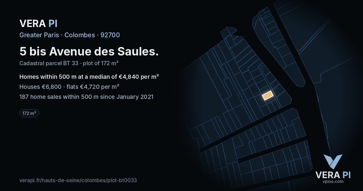 5 bis Avenue des Saules, Colombes at night – the plot lit, the parcels around coloured by the prices near them