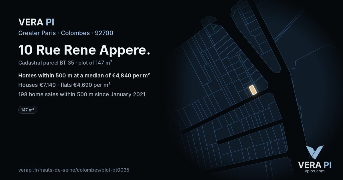 10 Rue Rene Appere, Colombes at night – the plot lit, the parcels around coloured by the prices near them