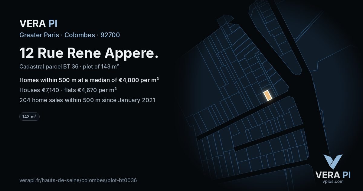 12 Rue Rene Appere, Colombes at night – the plot lit, the parcels around coloured by the prices near them