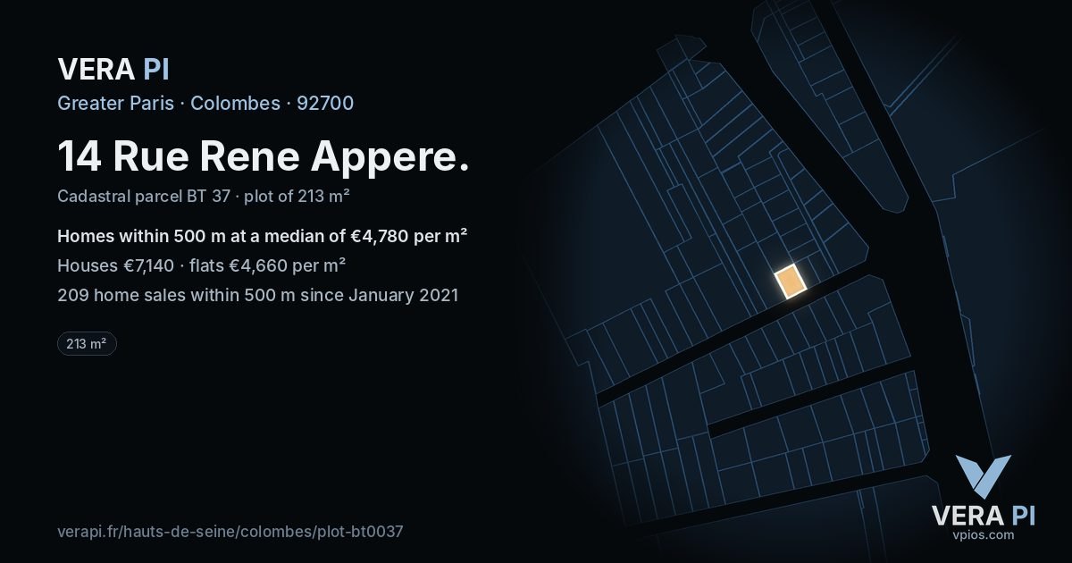 14 Rue Rene Appere, Colombes at night – the plot lit, the parcels around coloured by the prices near them