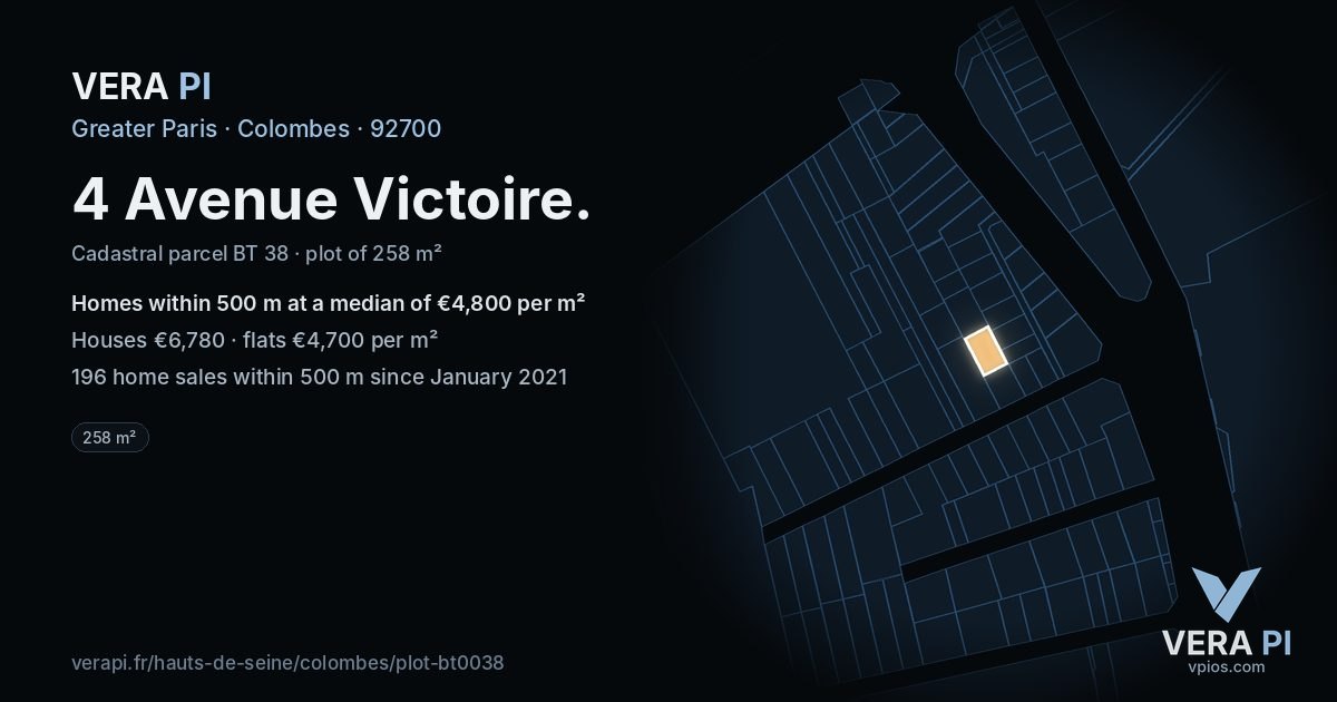 4 Avenue Victoire, Colombes at night – the plot lit, the parcels around coloured by the prices near them